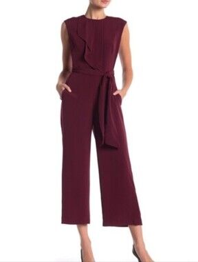 London Times Sleeveless Burgundy Jumpsuit with Tie Waist - Size 14
